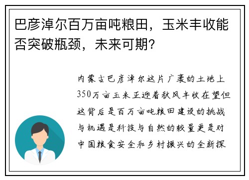 巴彦淖尔百万亩吨粮田，玉米丰收能否突破瓶颈，未来可期？