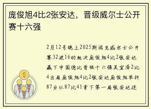 庞俊旭4比2张安达，晋级威尔士公开赛十六强