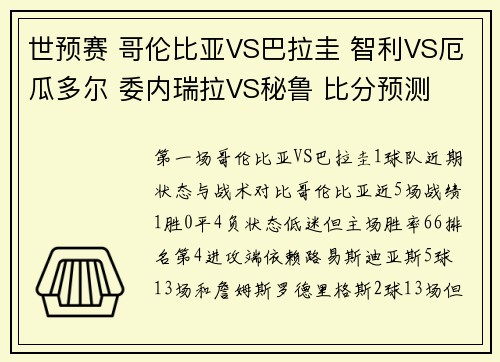 世预赛 哥伦比亚VS巴拉圭 智利VS厄瓜多尔 委内瑞拉VS秘鲁 比分预测