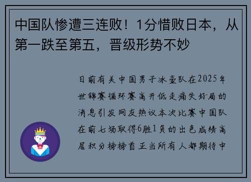 中国队惨遭三连败！1分惜败日本，从第一跌至第五，晋级形势不妙