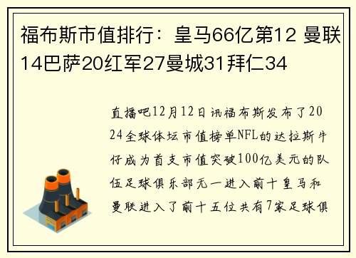 福布斯市值排行：皇马66亿第12 曼联14巴萨20红军27曼城31拜仁34